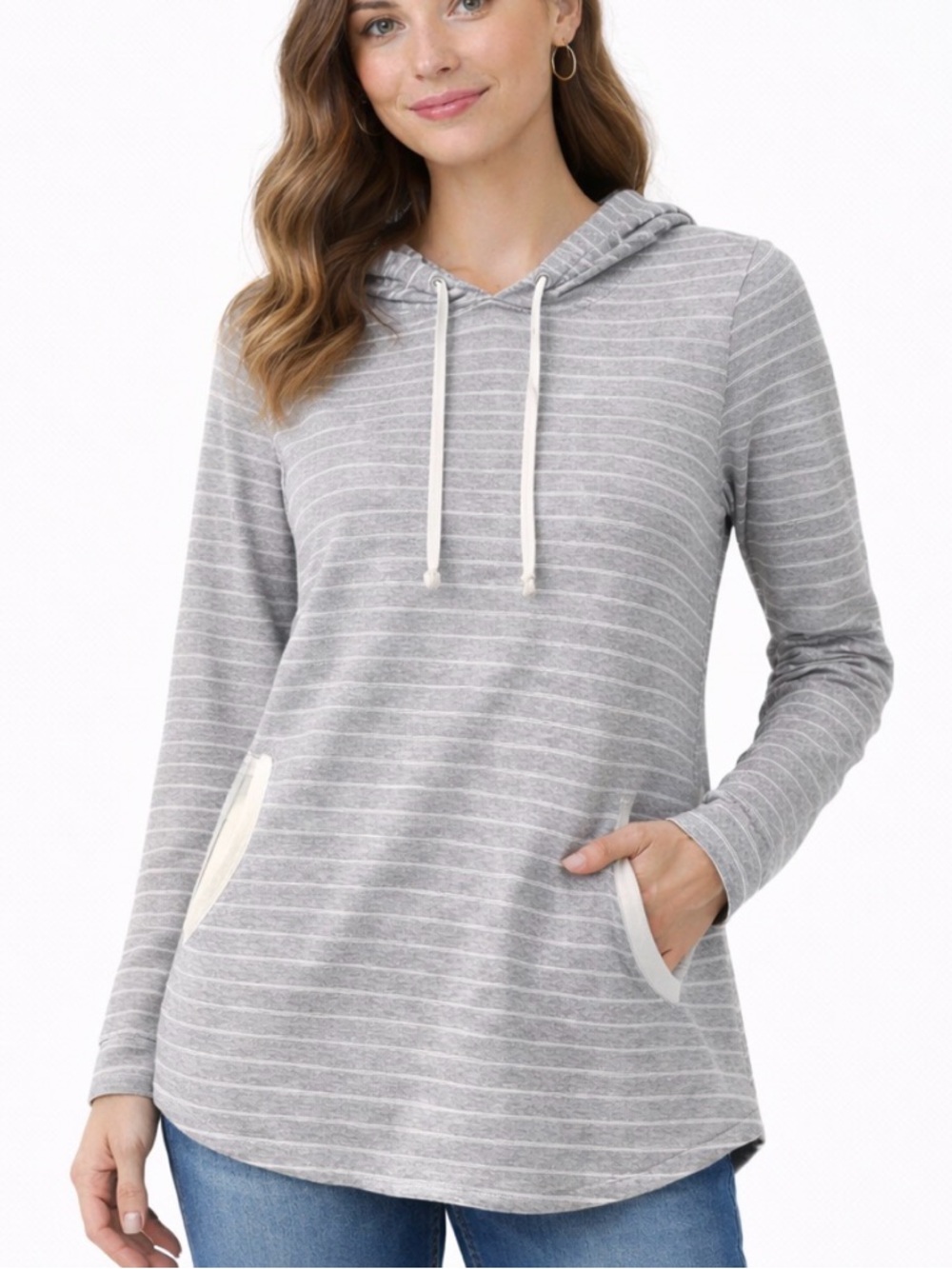 Toad&Co Gray White Striped Hoodie‎ Pullover Kangaroo Pocket Women’s Medium